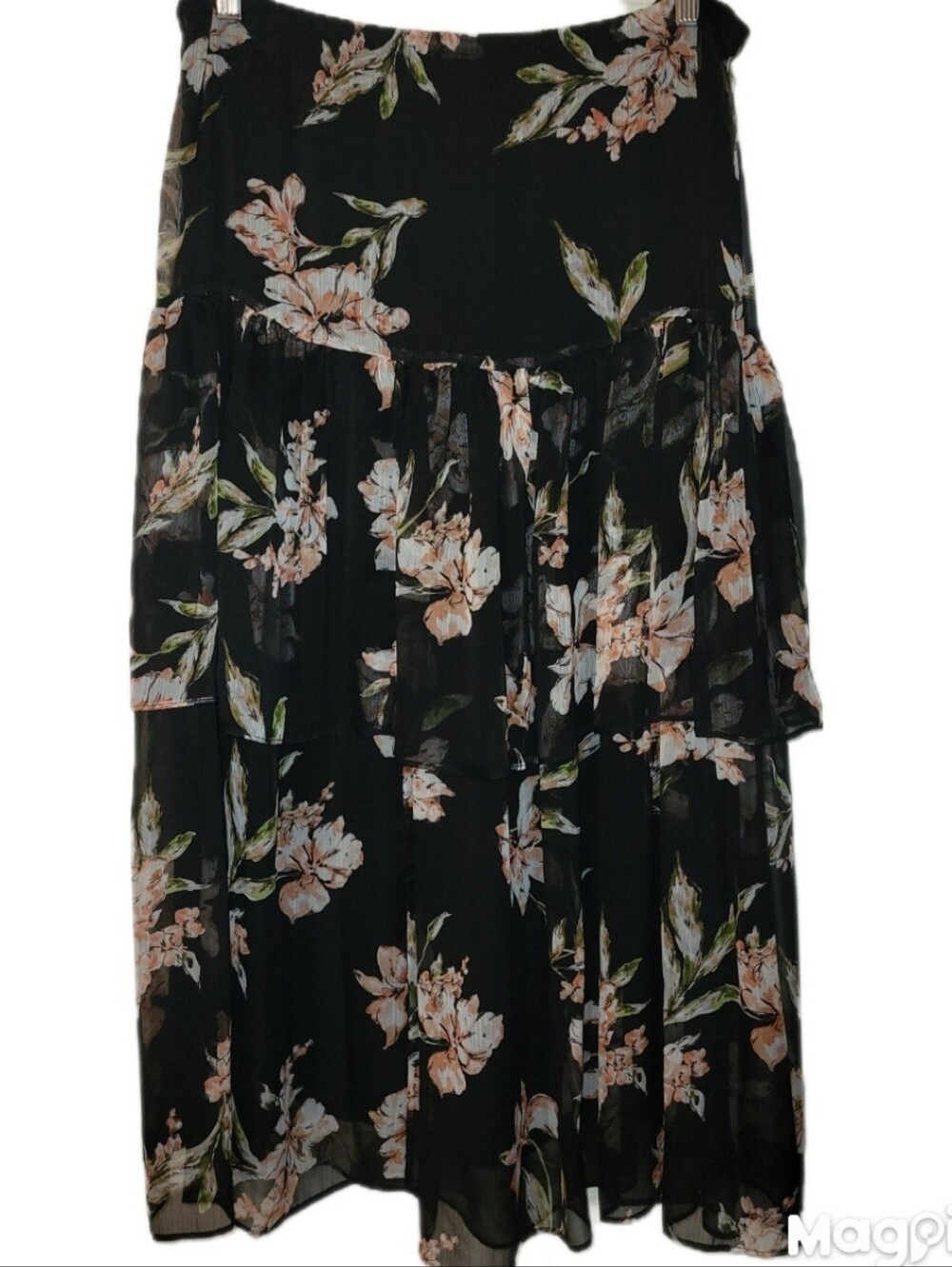 Ralph Lauren Womens NWT Ruffled Tea-Length Black Floral Chiffon Sz M Elastic